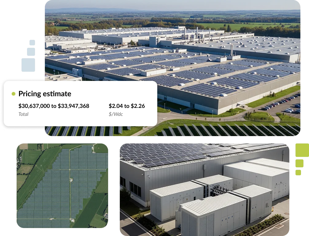 Aerial view of large industrial facility with rooftop and ground-mounted solar